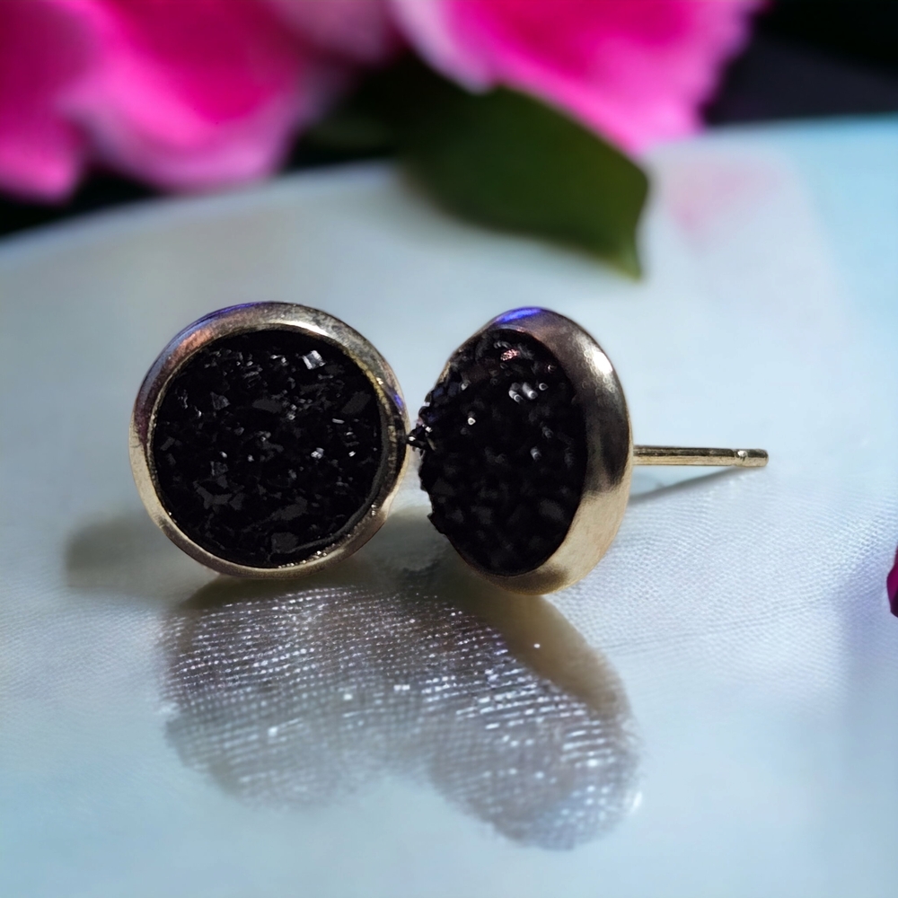 ⭐Handmade Black Druzy Style Silver Based Stud Earrings, Non-Hypoallergenic
